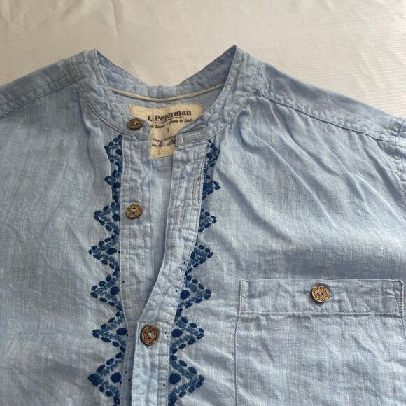 J. Peterman Ancient Roads Blue 100% Linen Embroidered Short Sleeve Shirt Small - Picture 4 of 7
